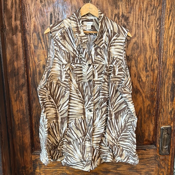 CJBanks cj banks plus size 2x tan beige vest button down palm leave pattern - Picture 1 of 5